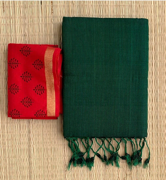 Green Colour Chanderi Saree With Digital Printed Blouse