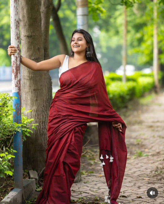 Maroon Colour cotton Saree With Digital Printed Blouse (New Edition)